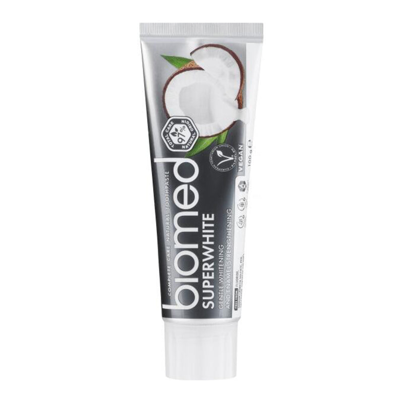Biomed Superwhite tandpasta tube met kokosnoot afbeelding op verpakking
