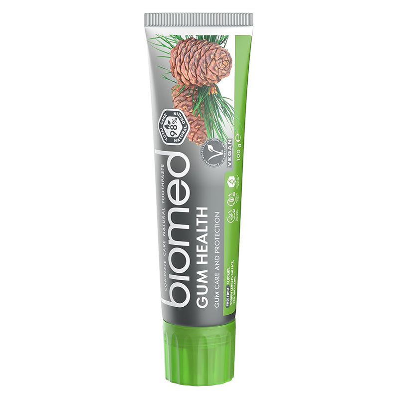 Biomed Gum Health tandpasta tube met groene dop en dennenappels op verpakking