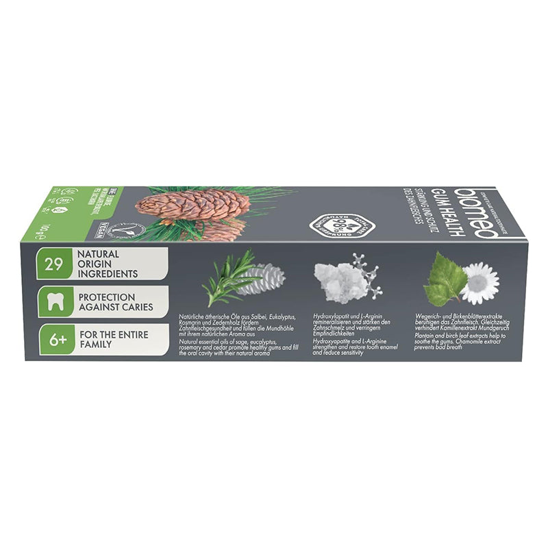 Splat Biomed Gum Health tandpasta zijkant verpakking met ingrediënten en werking uitgelegd