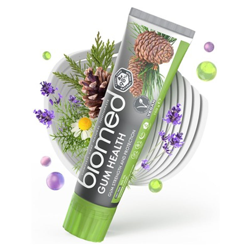 Biomed Gum Health tandpasta tube met dennenappel, lavendel en kamille afgebeeld
