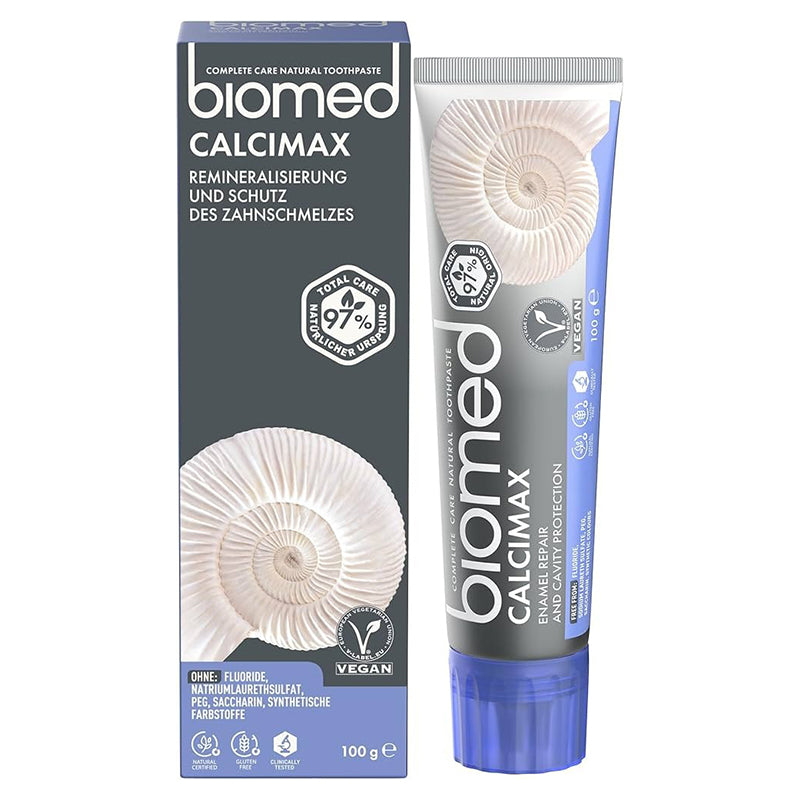 Biomed Calcimax tandpasta doos en tube met blauwe dop naast elkaar