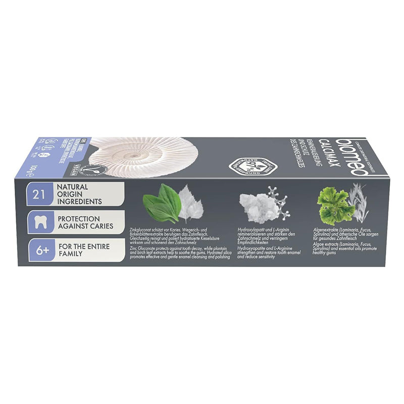 Splat Biomed Calcimax tandpasta zijkant verpakking met ingrediënten en werking uitgelegd