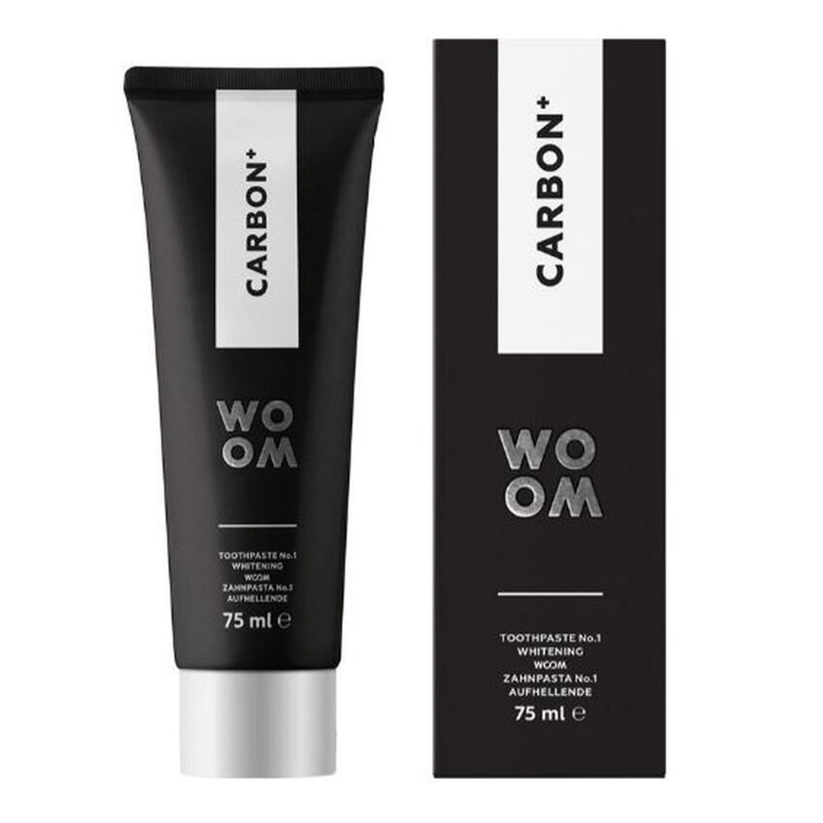 Woom tandpasta Carbon+ zwarte tube en verpakking naast elkaar, 75 ml