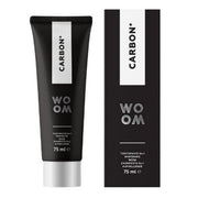 Woom tandpasta Carbon+ zwarte tube en verpakking naast elkaar, 75 ml