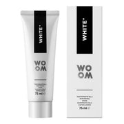 Woom tandpasta White+ tube en verpakking naast elkaar, 75 ml