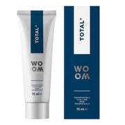 Woom tandpasta Total+ tube en verpakking naast elkaar, 75 ml