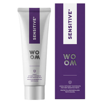 Woom tandpasta Sensitive+ tube en verpakking naast elkaar