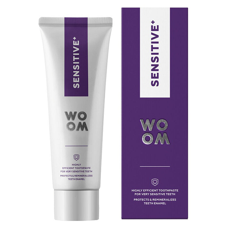 Woom tandpasta Sensitive+ tube en verpakking naast elkaar