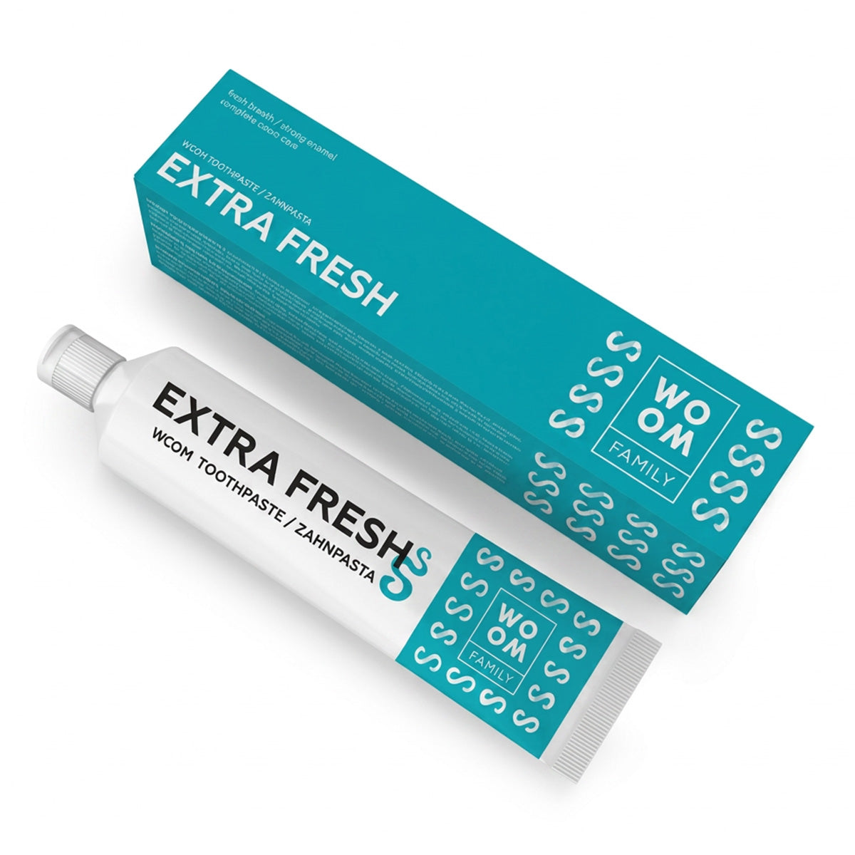 Woom Family tandpasta Whitening tube en verpakking naast elkaar, turquoise doos