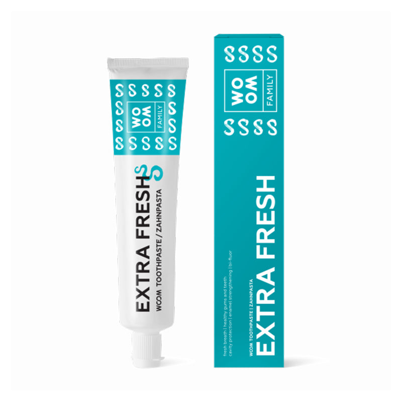 Woom Family tandpasta Extra Fresh, tube en verpakking naast elkaar