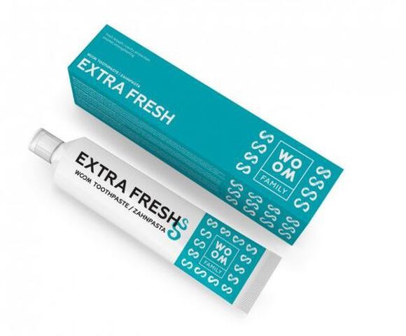 Woom Family tandpasta Extra Fresh, tube naast verpakking in turquoise en wit