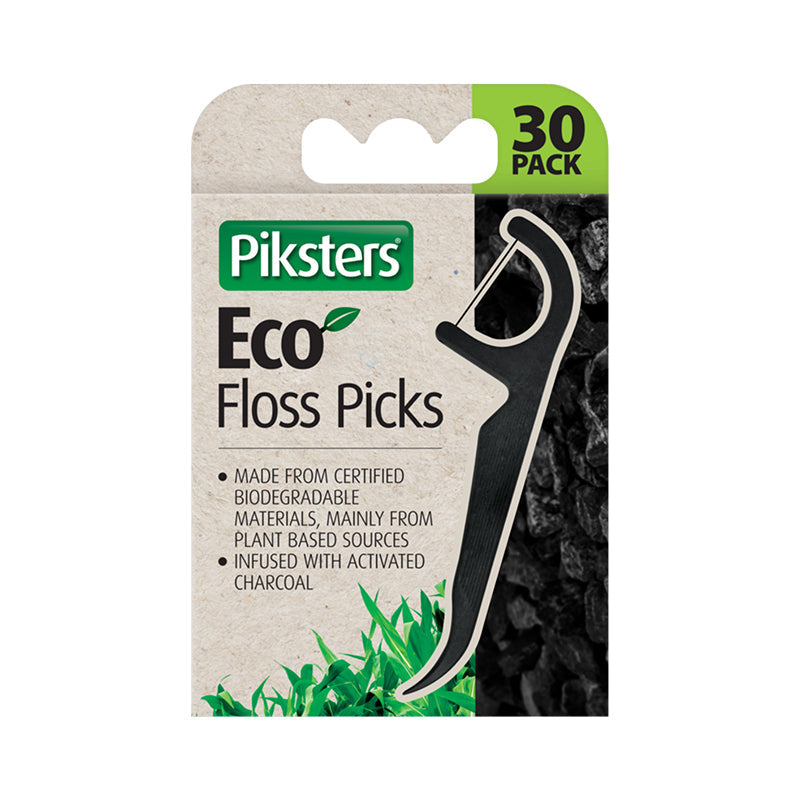 Piksters Eco Charcoal Floss Picks verpakking van 30 stuks met flosser afbeelding
