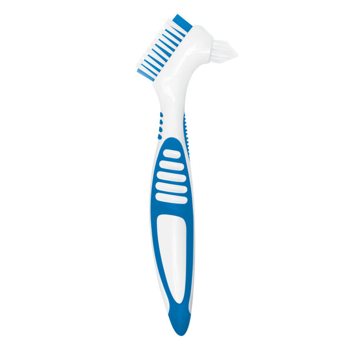 Piksters Denture Brush met blauwe kunststof handgreep en witte reinigingsborstel