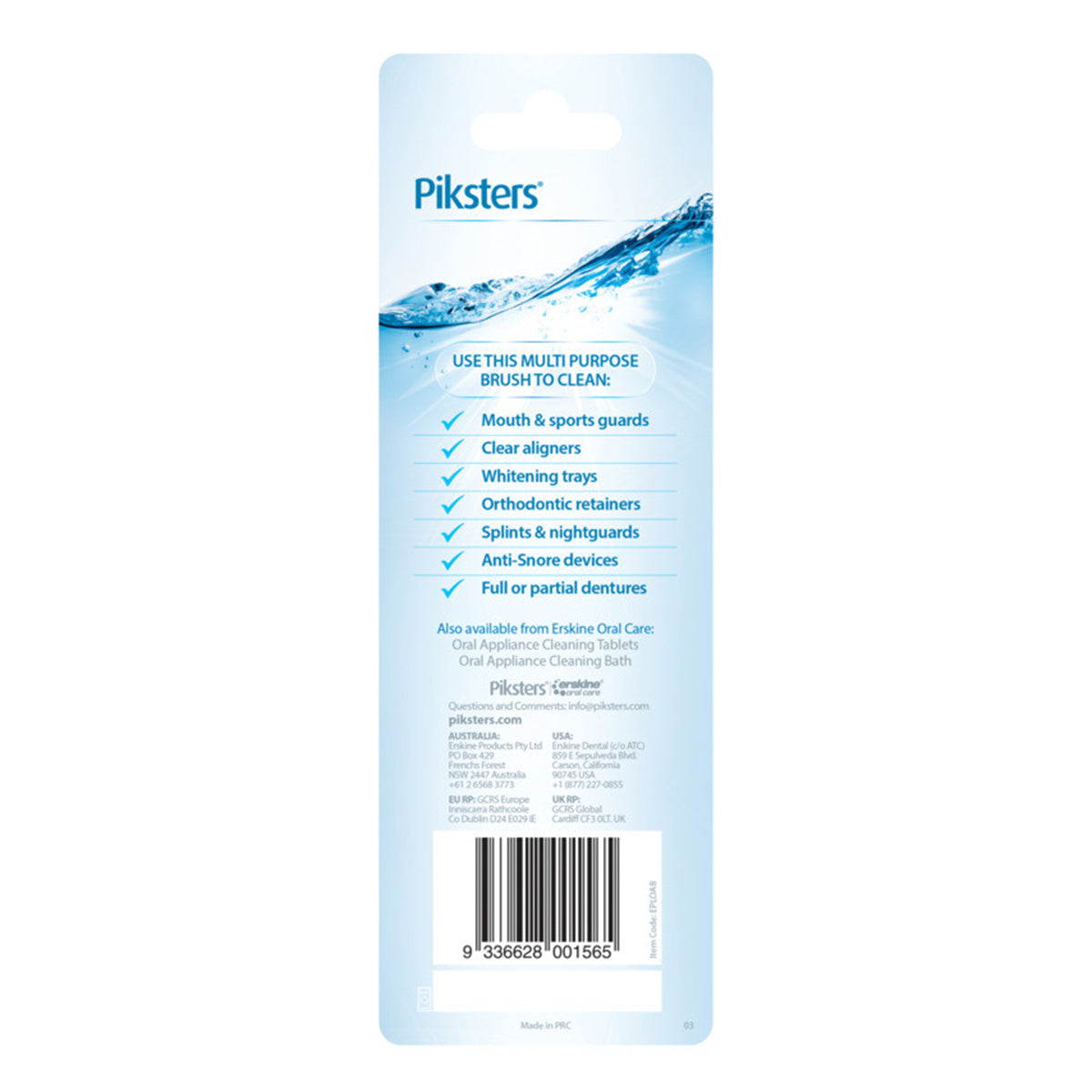 Piksters Denture Brush achterkant verpakking met gebruiksmogelijkheden en barcode