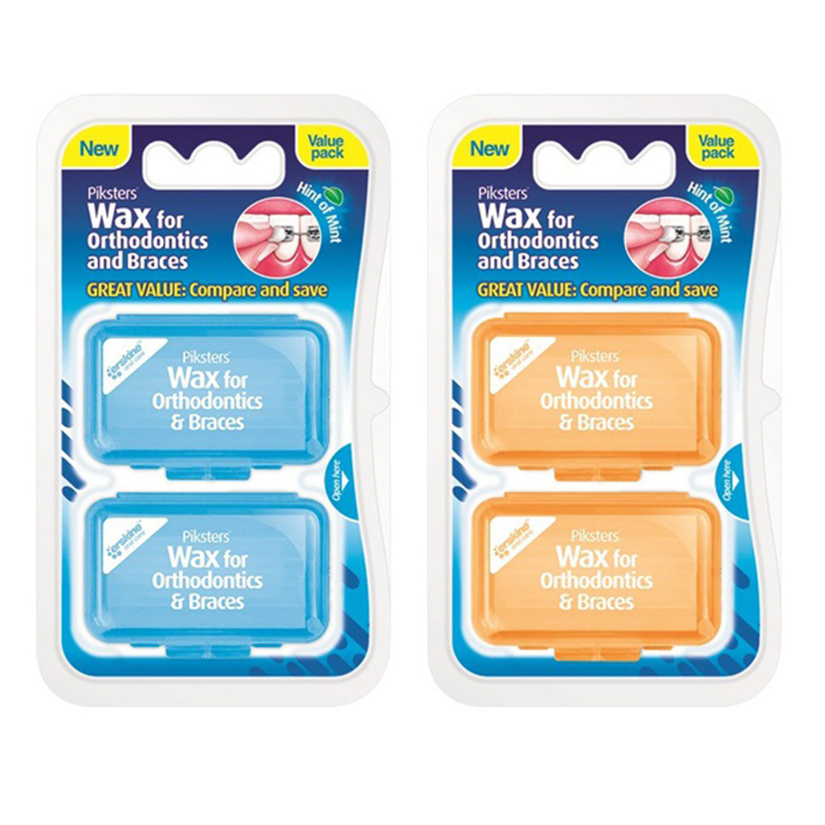 Piksters Orthodontic wax mint twinpacks in blauwe en oranje verpakking naast elkaar