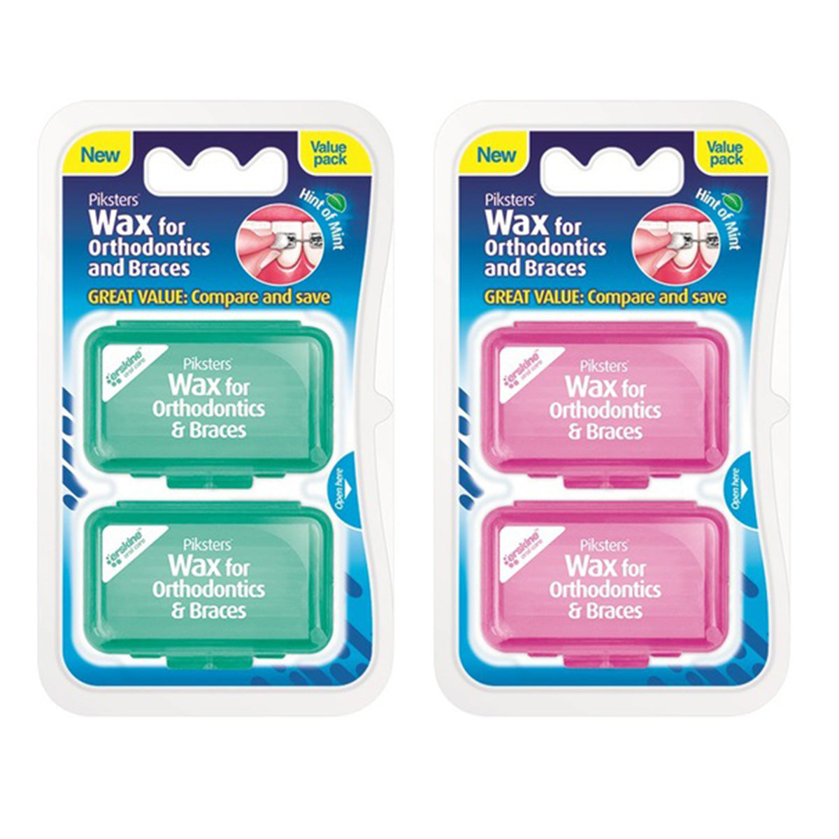 Piksters Orthodontic wax mint twinpacks in groene en roze verpakking naast elkaar