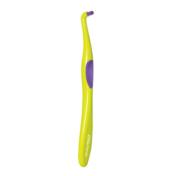 Piksters Curvie Focus Precision tandenborstel met gele steel en gebogen kop