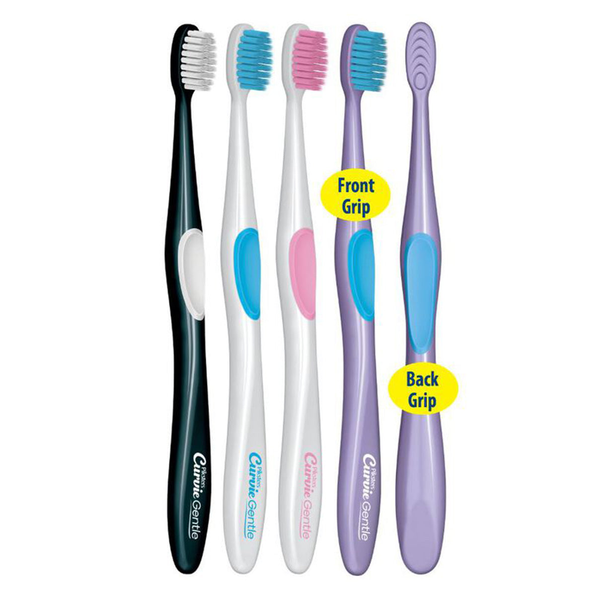 Piksters Curvie Gentle tandenborstel in vijf kleuren met front- en back-grip