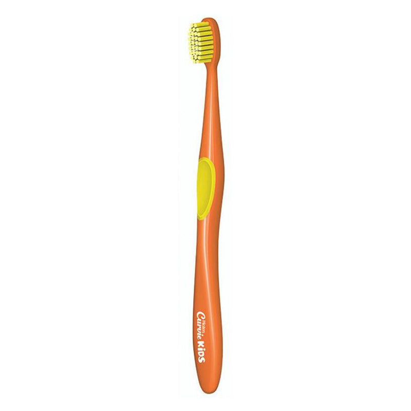 Piksters Curvie Kids tandenborstel oranje met gele kop en handvat