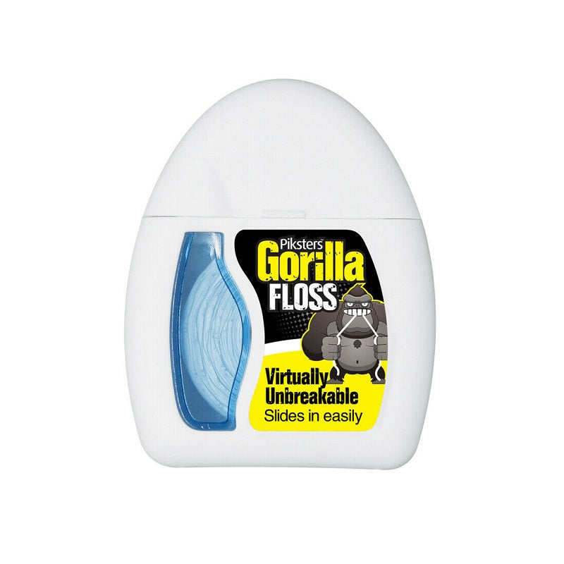 Gorilla Floss waxed extra strong verpakking met blauwe tanddraad zichtbaar in doseerkoker