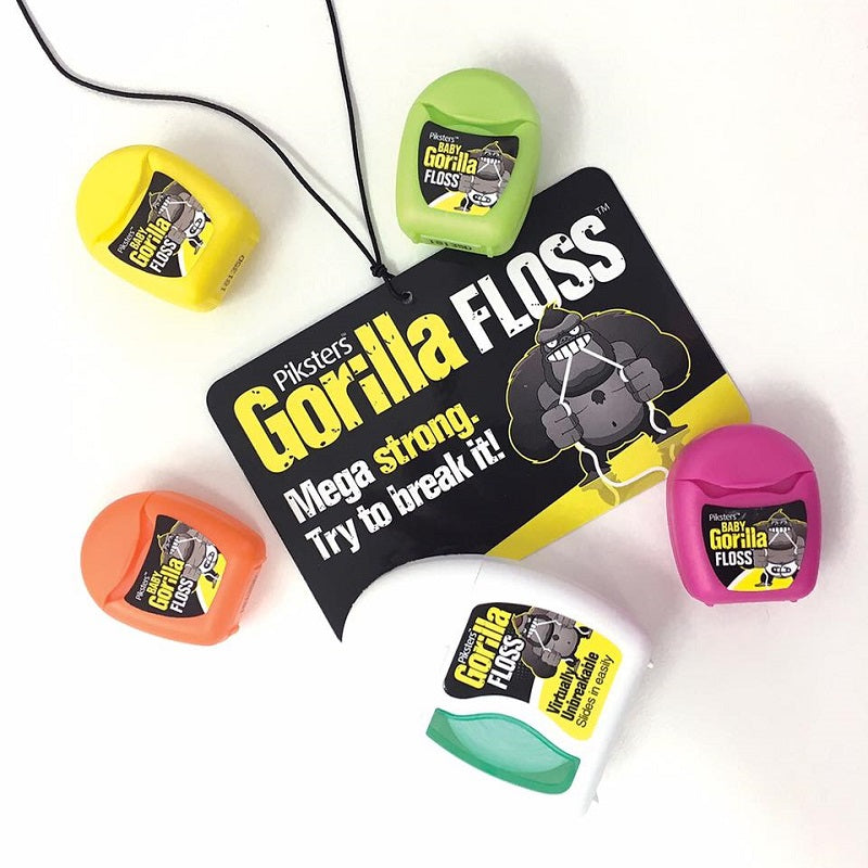 Gorilla Floss waxed extra strong doosjes in geel, groen, oranje en roze met kaart
