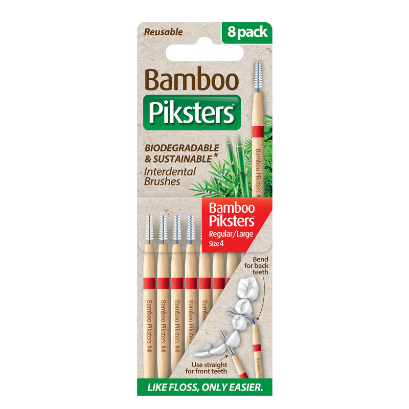 Piksters Bamboo ragers Size 4 Reg/Large rood verpakking met 8 stuks en tandmodel