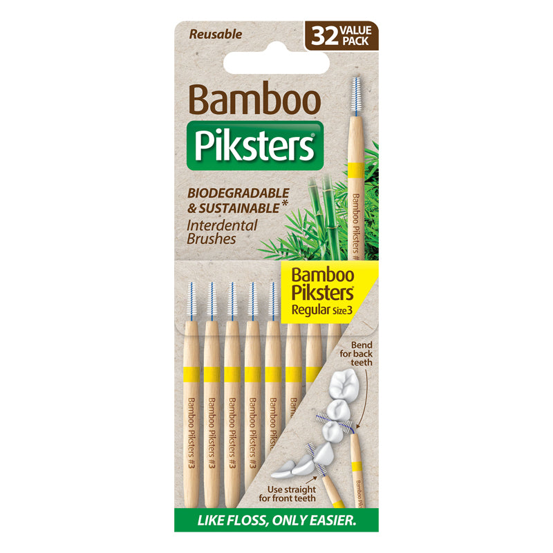 Piksters Bamboo ragers Size 3 Regular geel, verpakking 32 stuks met gebruiksuitleg