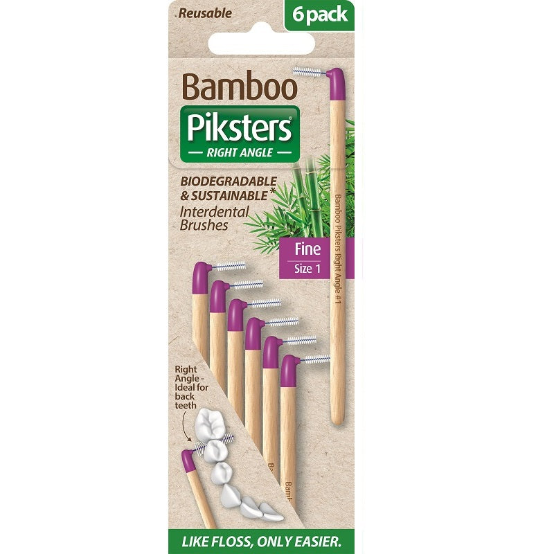 Piksters Bamboo ragers Size 1 Fijn, verpakking met 6 stuks en paarse hoekige kopjes