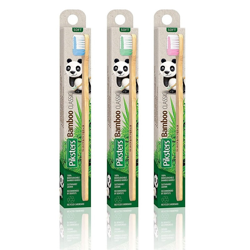 Piksters Bamboo Classic tandenborstels soft in drie verpakkingen met panda