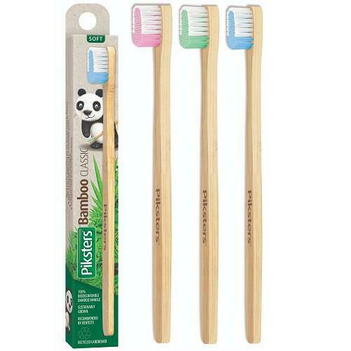 Piksters Bamboo Classic tandenborstel drie stuks met roze, groene en blauwe haren
