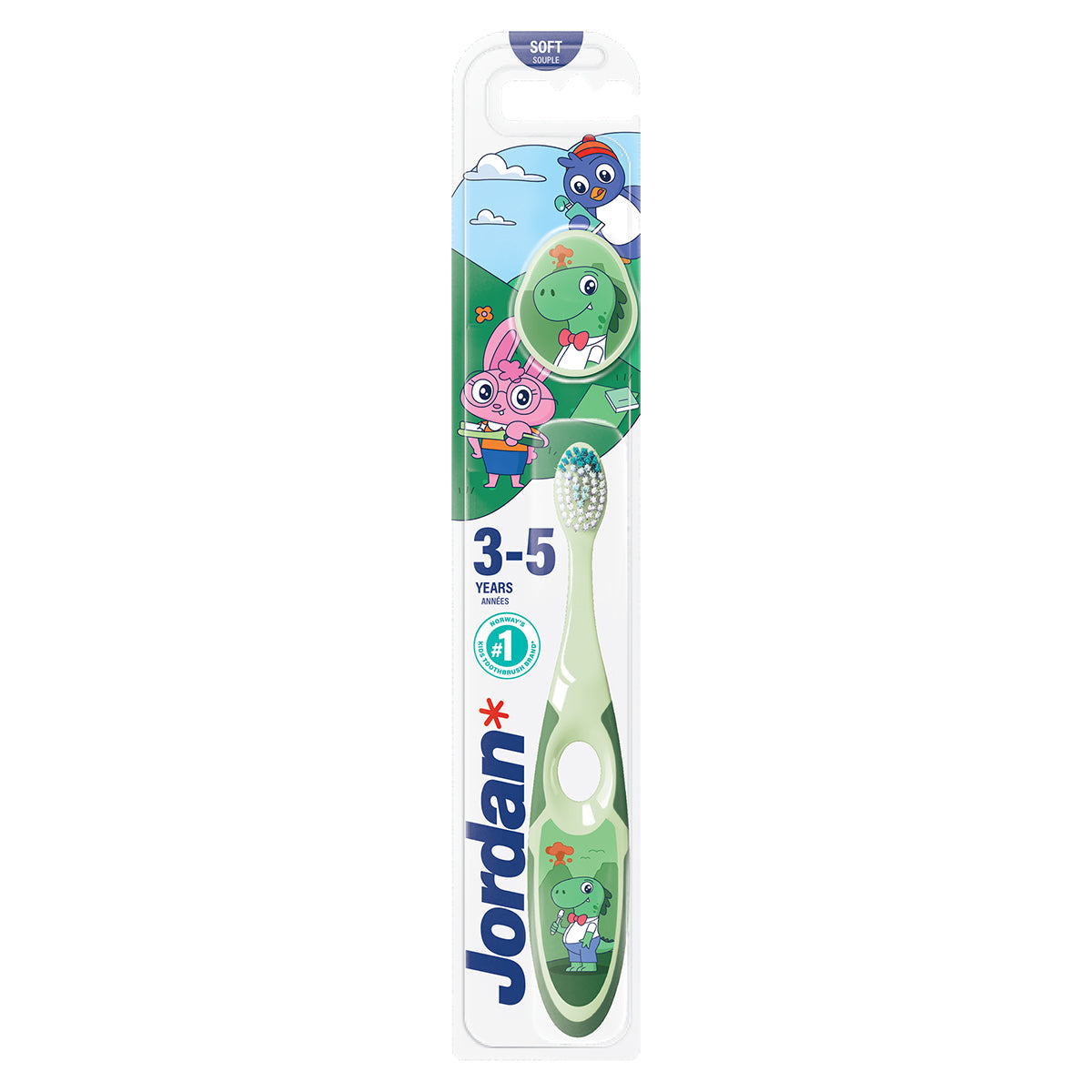 Jordan kindertandenborstel Step 2 (3-5 jr) groen in verpakking met dierenprint