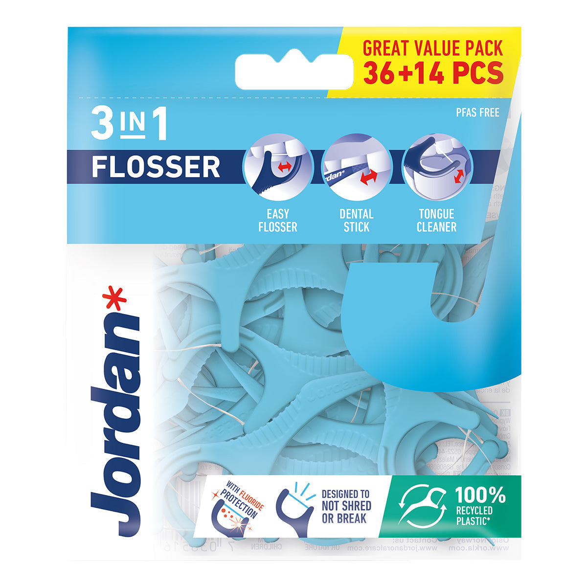 Jordan 3-in-1 Flosser verpakking met 36+14 blauwe flossers