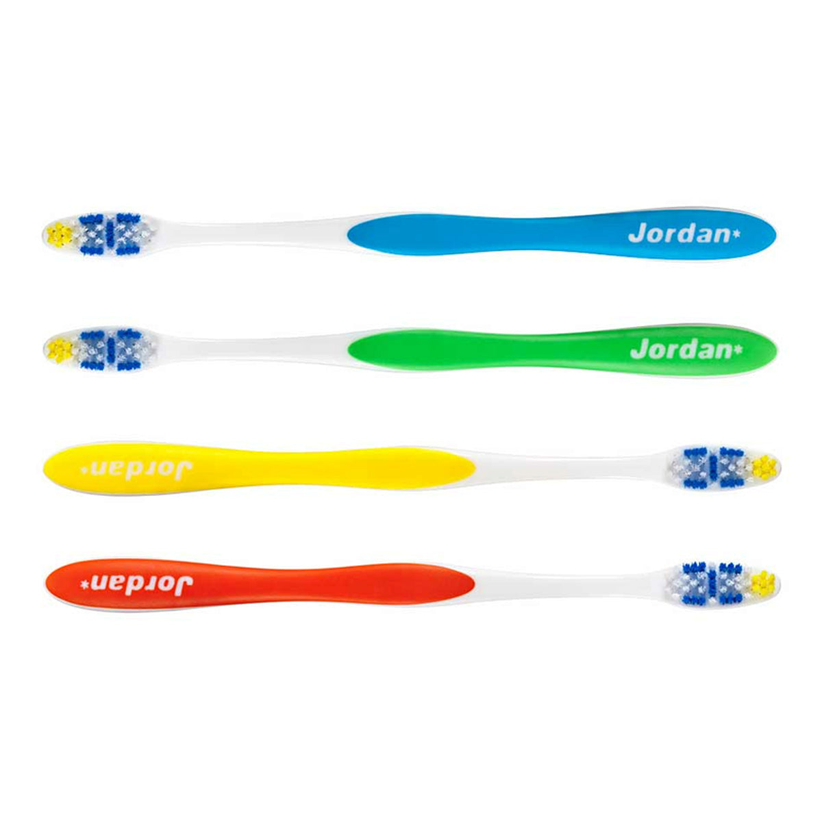 Jordan Total Soft tandenborstels in blauw, groen, geel en rood naast elkaar