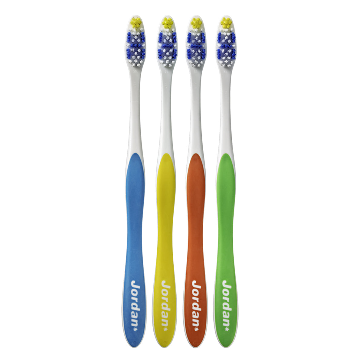Jordan Total Soft tandenborstels in blauw, geel, oranje en groen naast elkaar
