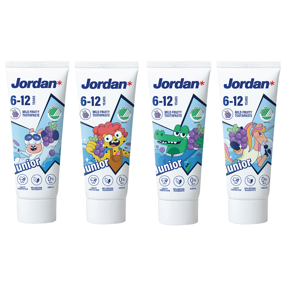 Jordan tandpasta Junior 6-12 jaar, vier tubes met verschillende dierenprintjes naast elkaar