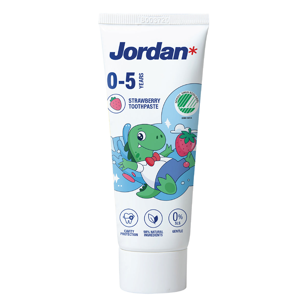 Jordan tandpasta kids 0-5 jaar, tube met aardbei en dinosaurus illustratie