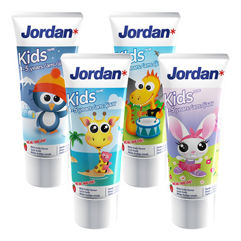Jordan tandpasta Kids 0-5 jaar, vier tubes met pinguïn, giraf, draak en konijn