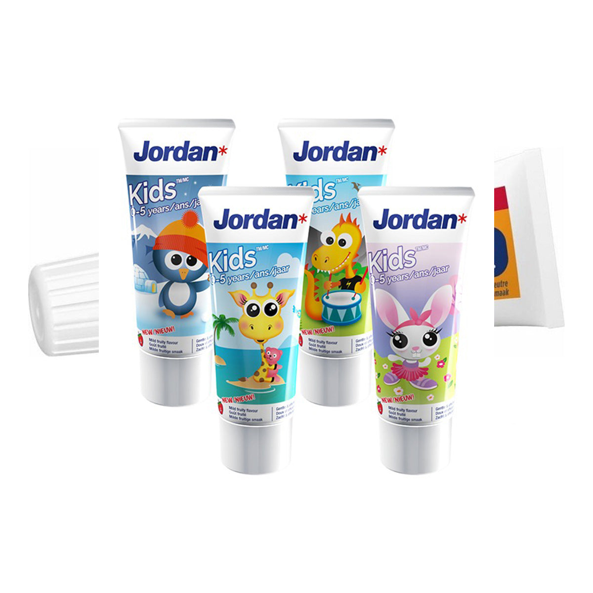 Jordan Kids tandpasta 0-5 jaar, vier tubes met pinguïn, giraf, draak en konijn