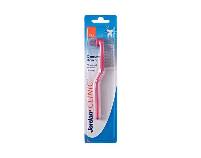 Jordan Prothese tandenborstel roze verpakking met Clinic Denture Brush op blister