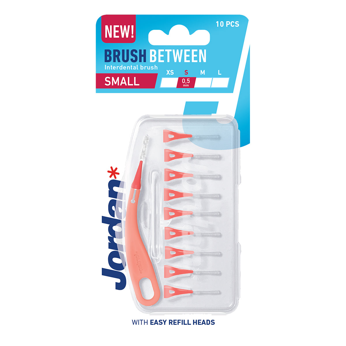 Jordan Interdentaal Brush Between S 0,5mm rood, verpakking met 10 ragers