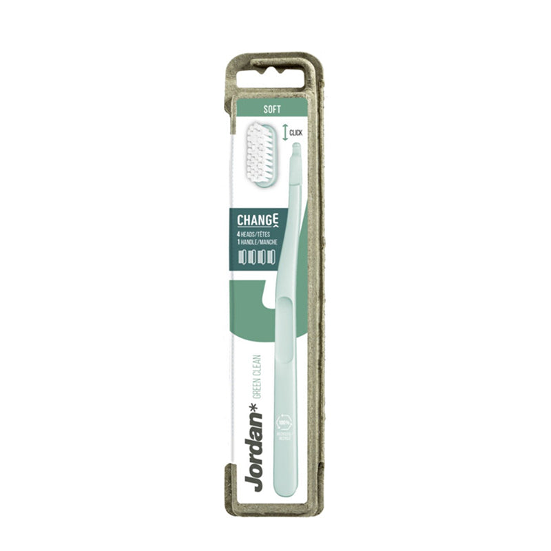 Jordan tandenborstel Green Clean Change 4-p soft in verpakking met groene handgreep