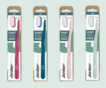 Jordan Green Clean Change tandenborstel soft in vier kleuren verpakking naast elkaar