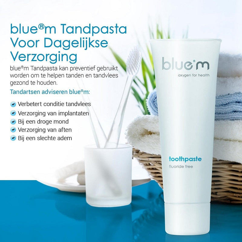 Bluem tandpasta fluoridevrij tube met tekst over dagelijkse verzorging en voordelen
