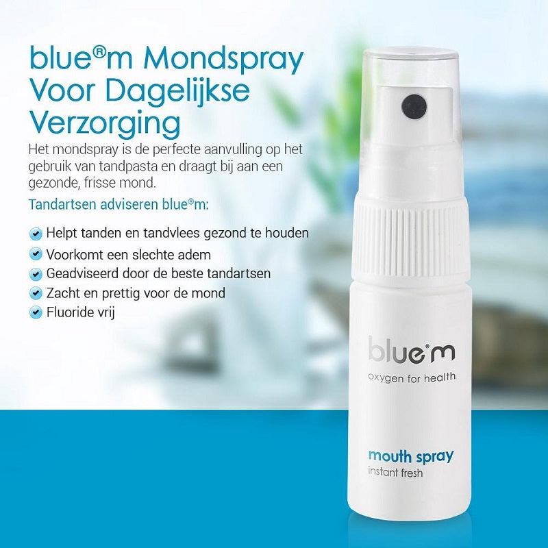 Bluem mondspray flesje met tekst over voordelen zoals frisse adem en fluoridevrij