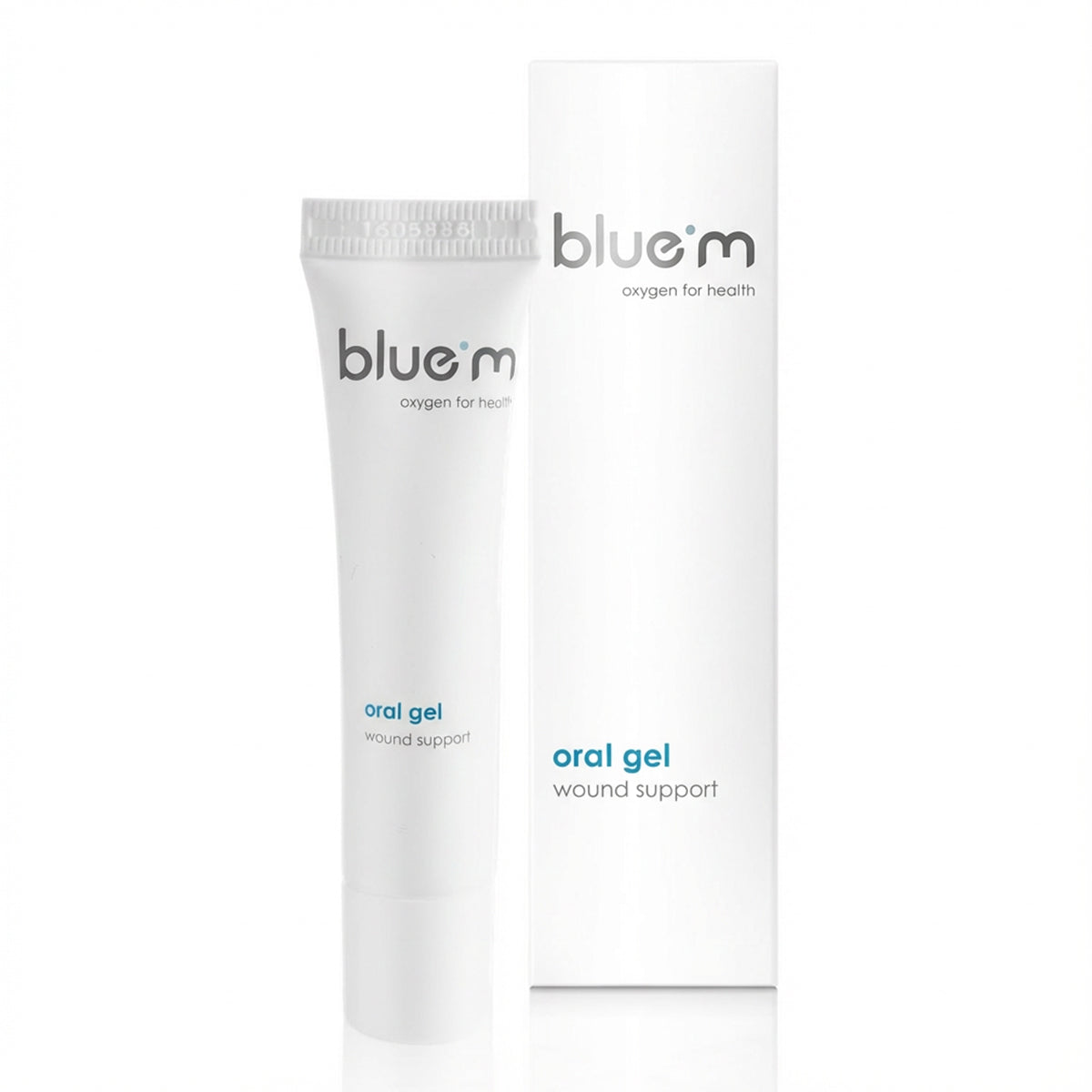 Bluem Oral Gel wound support, witte tube naast verpakkingsdoosje