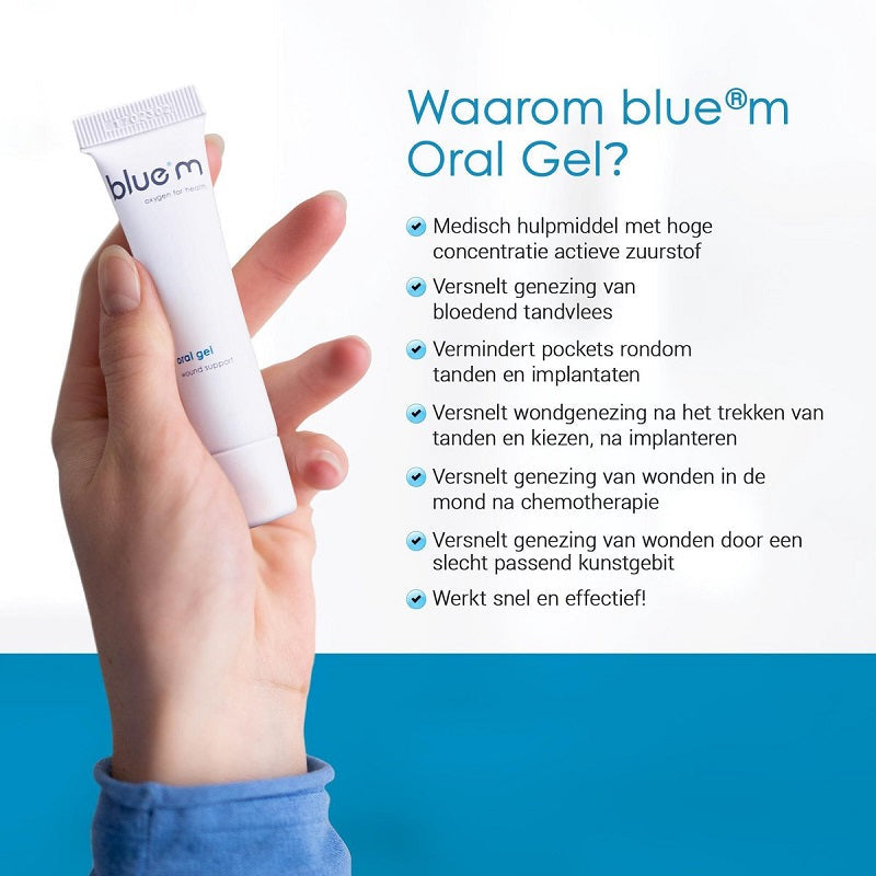 Bluem Oral Gel tube in hand met tekstoverzicht van werking en voordelen