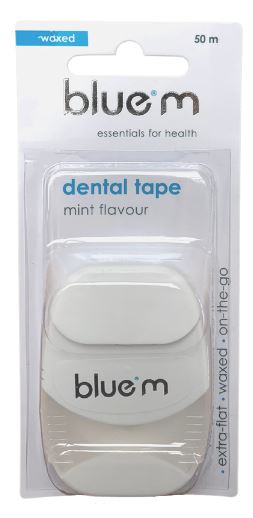 BlueM Dental tape waxed mint verpakking met extra-flat en on-the-go tekst