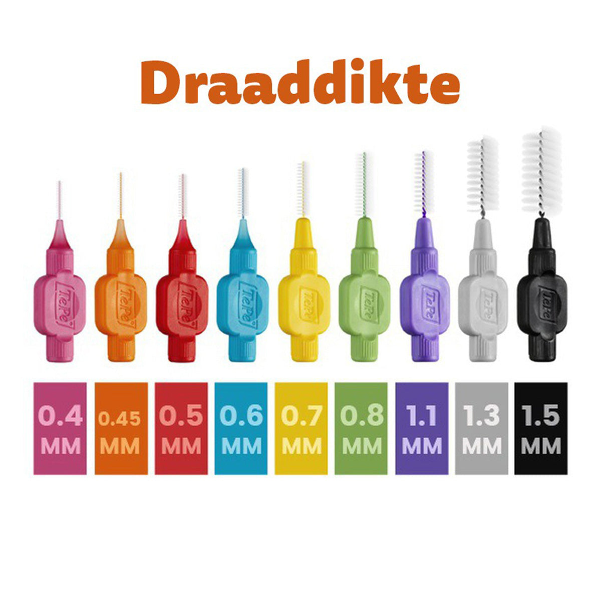 TePe Original ragers in negen kleuren met bijbehorende draaddikte 0,4 tot 1,5 mm