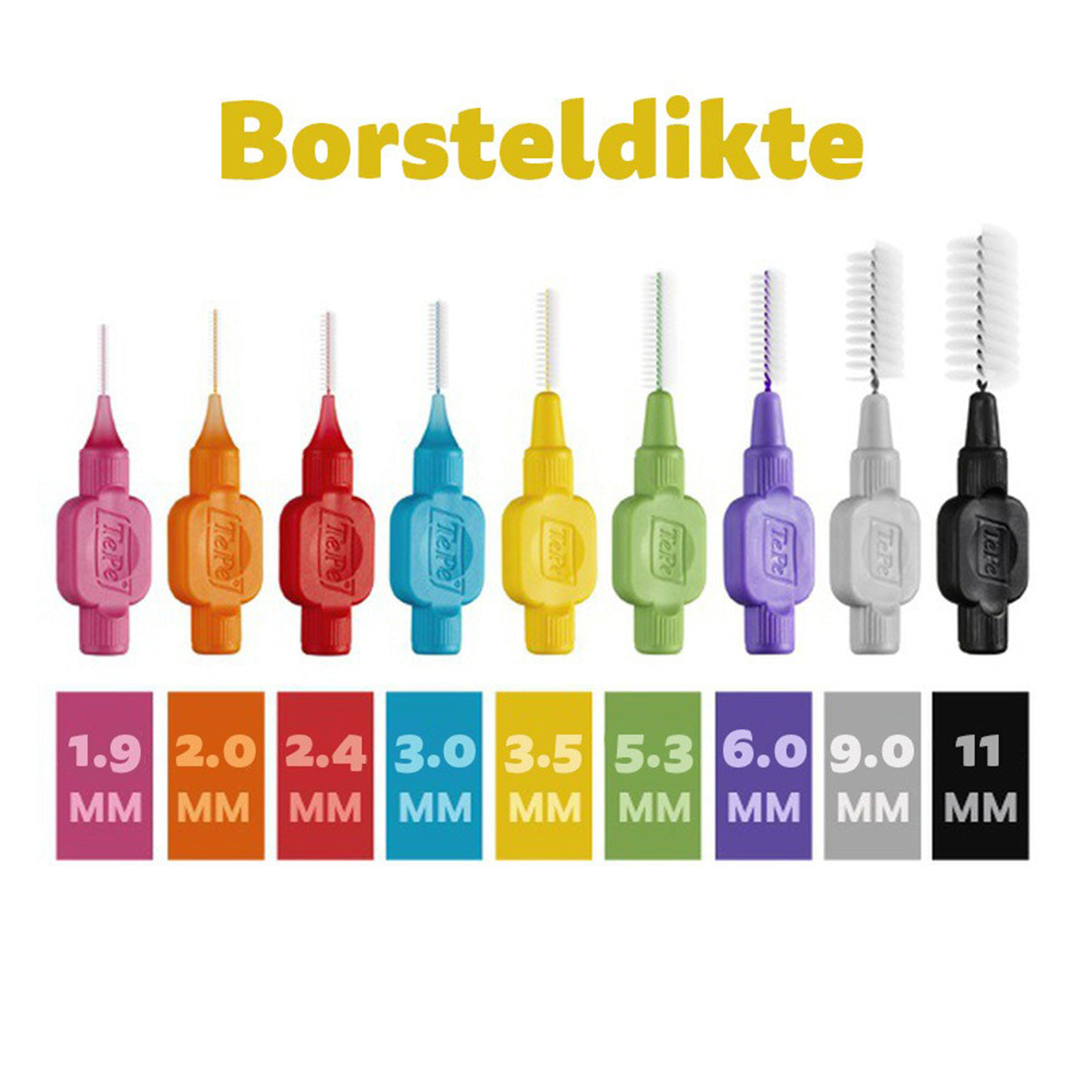 TePe ragers in negen kleuren met borsteldiktes van 1,9 tot 11 mm
