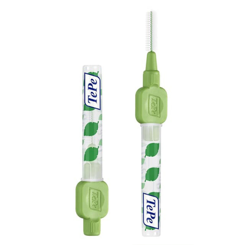 TePe Interdentale ragers Original groen 0,8mm, gesloten en geopende cover met rager